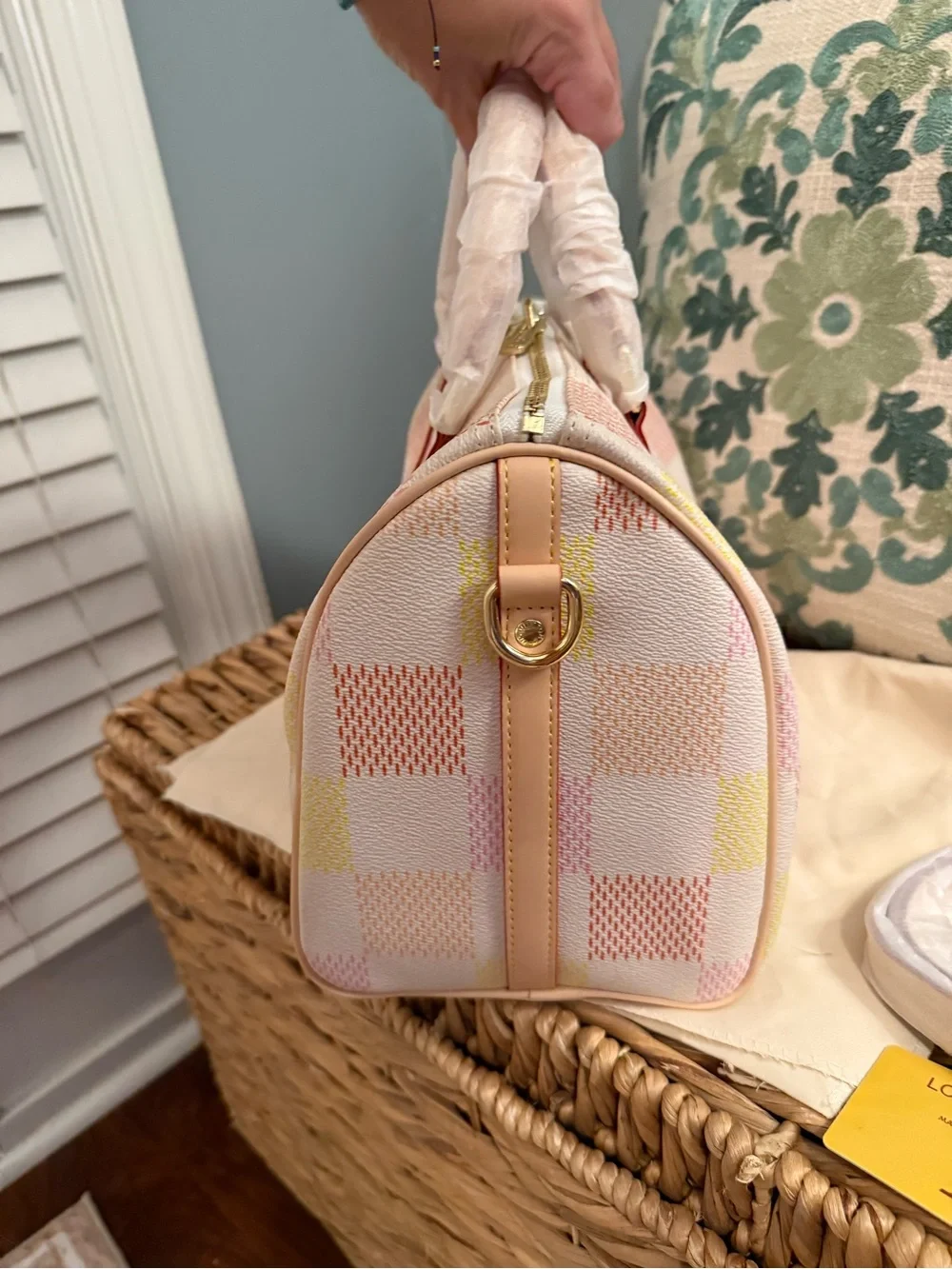 L V Pastel Checkered Speedy 30 in Pink, Cream & Yellow